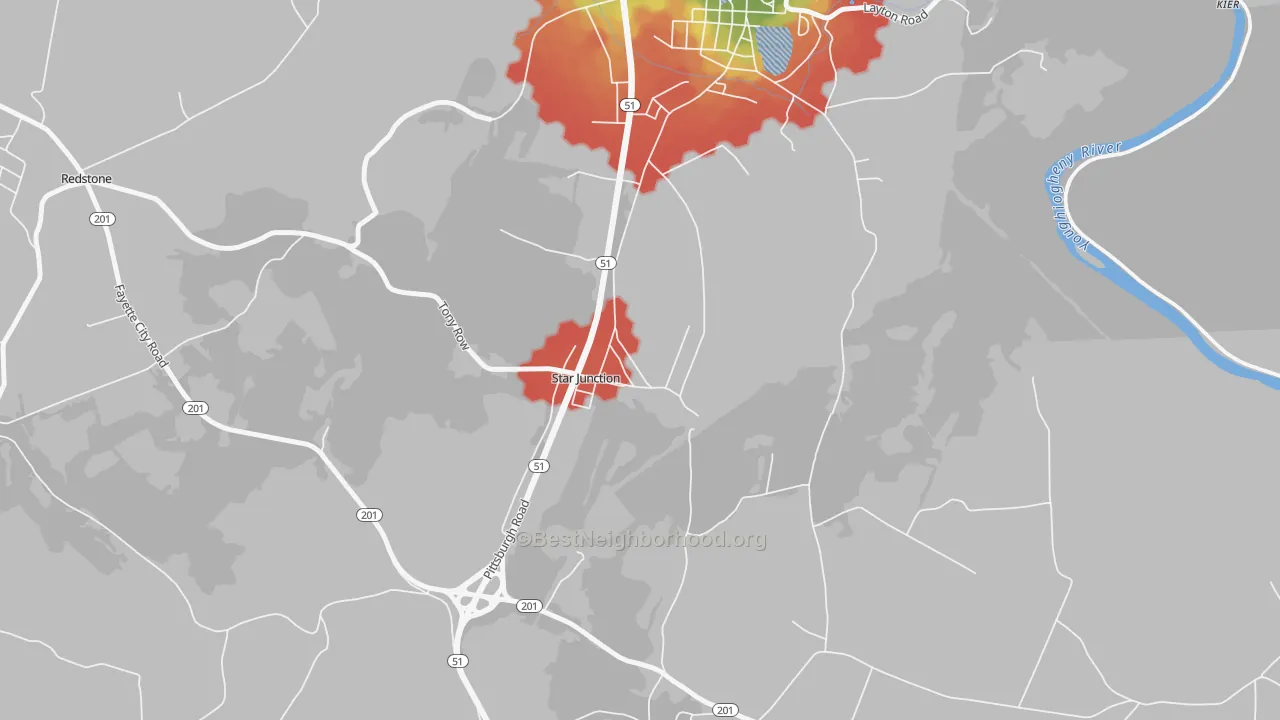 Walk Grade map of Star Junction, PA, walkable areas in green and car-dependent areas in red