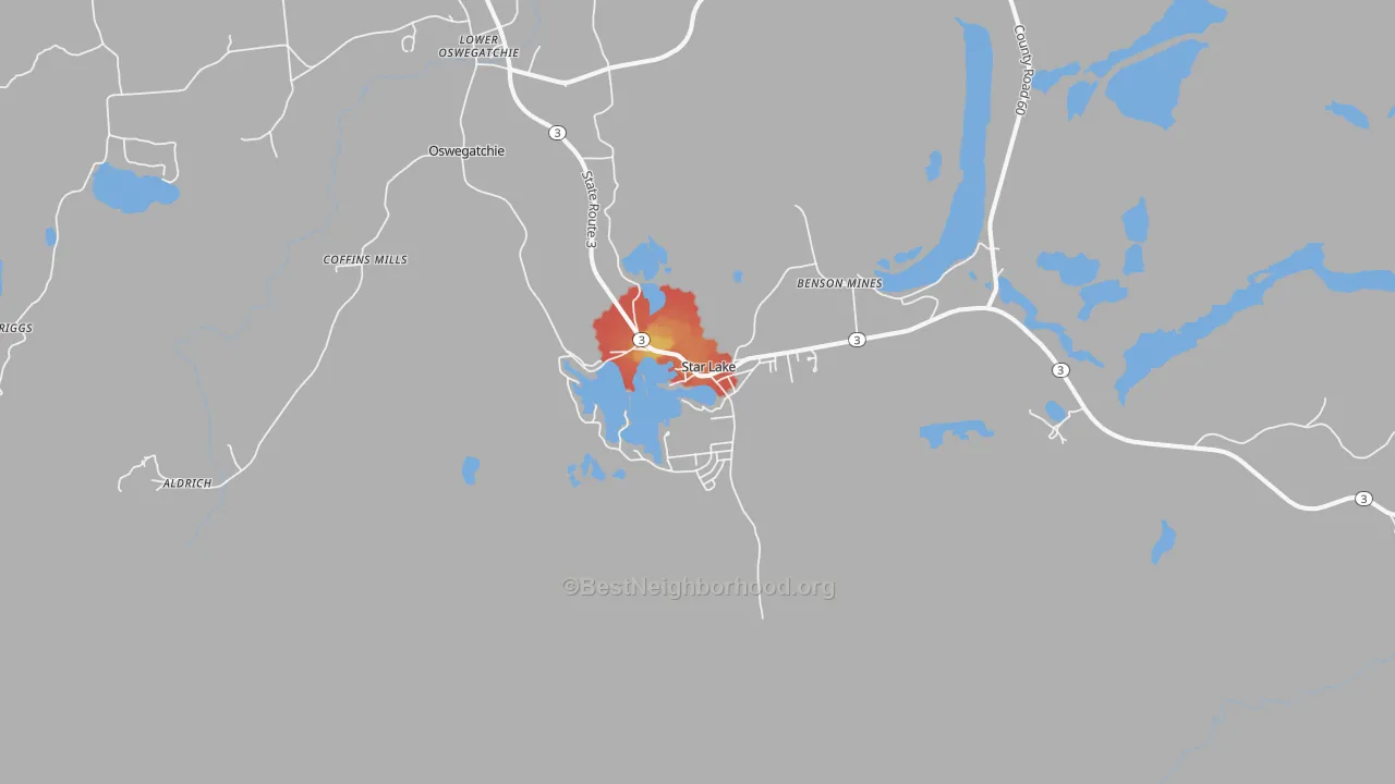 Walk Grade map of Star Lake, NY, walkable areas in green and car-dependent areas in red