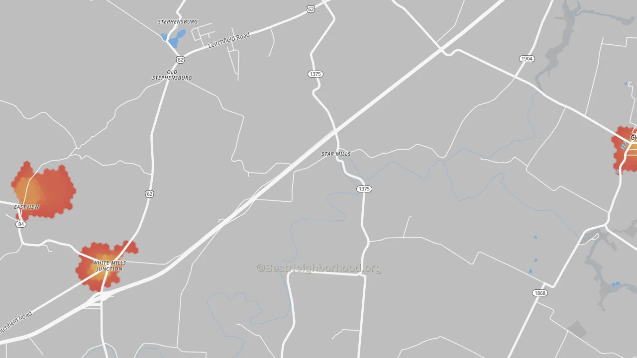 Walk Grade map of Star Mills, KY, walkable areas in green and car-dependent areas in red