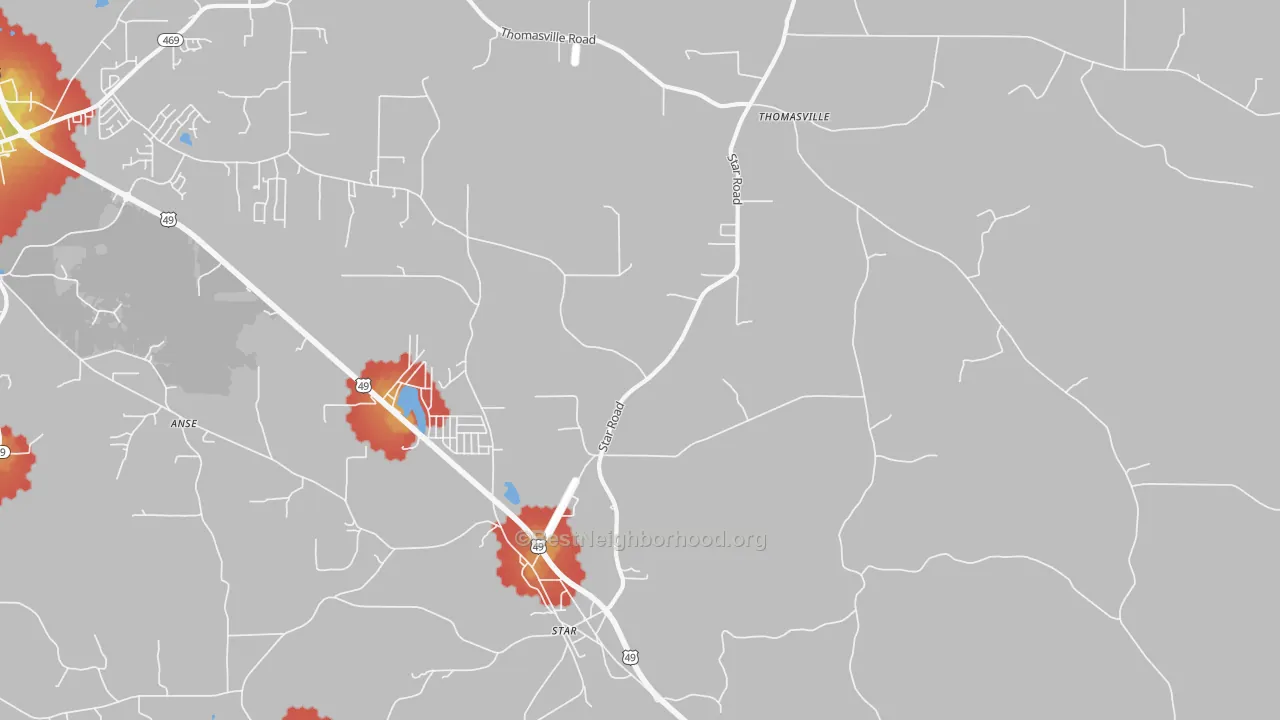 Walk Grade map of Star, MS, walkable areas in green and car-dependent areas in red
