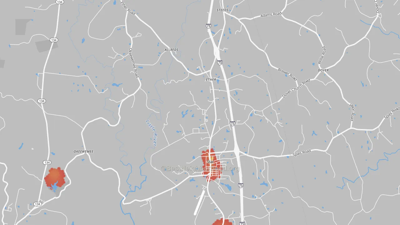 Walk Grade map of Star, NC, walkable areas in green and car-dependent areas in red