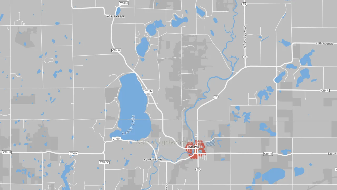 Walk Grade map of Star Prairie, WI, walkable areas in green and car-dependent areas in red