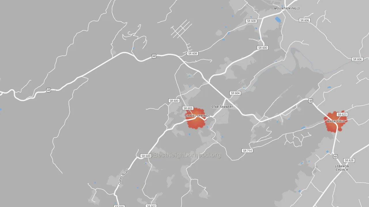Walk Grade map of Star Tannery, VA, walkable areas in green and car-dependent areas in red