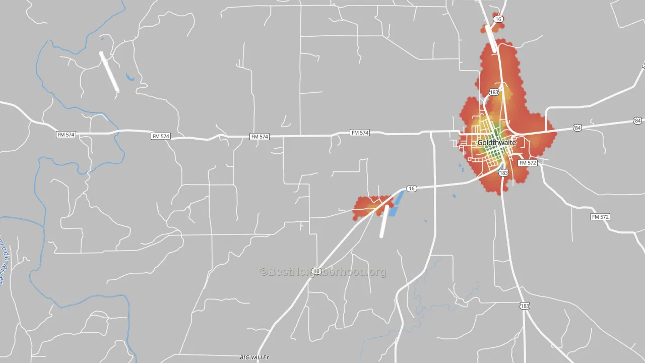 Walk Grade map of Star, TX, walkable areas in green and car-dependent areas in red