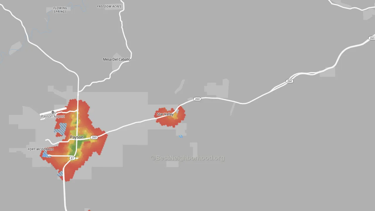 Walk Grade map of Star Valley, AZ, walkable areas in green and car-dependent areas in red