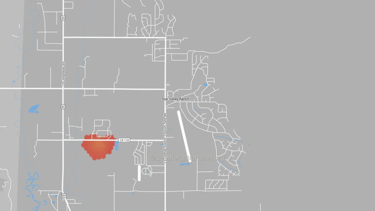 Walk Grade map of Star Valley Ranch, WY, walkable areas in green and car-dependent areas in red