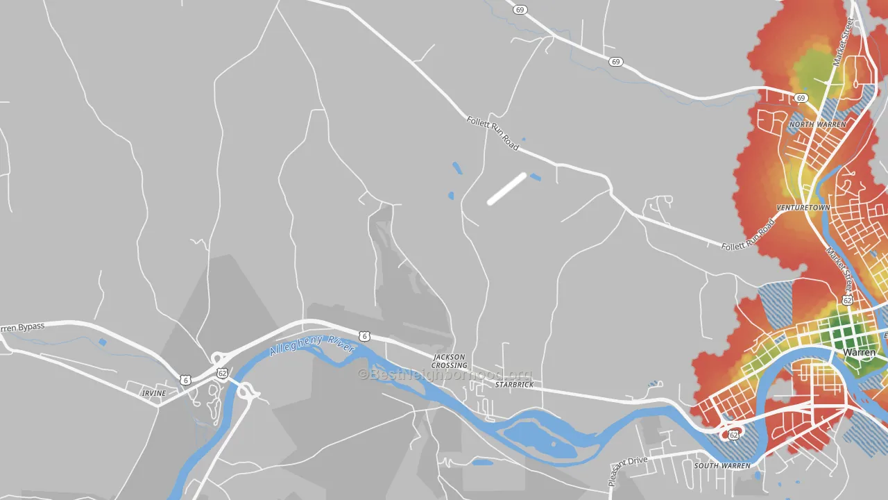 Walk Grade map of Starbrick, PA, walkable areas in green and car-dependent areas in red