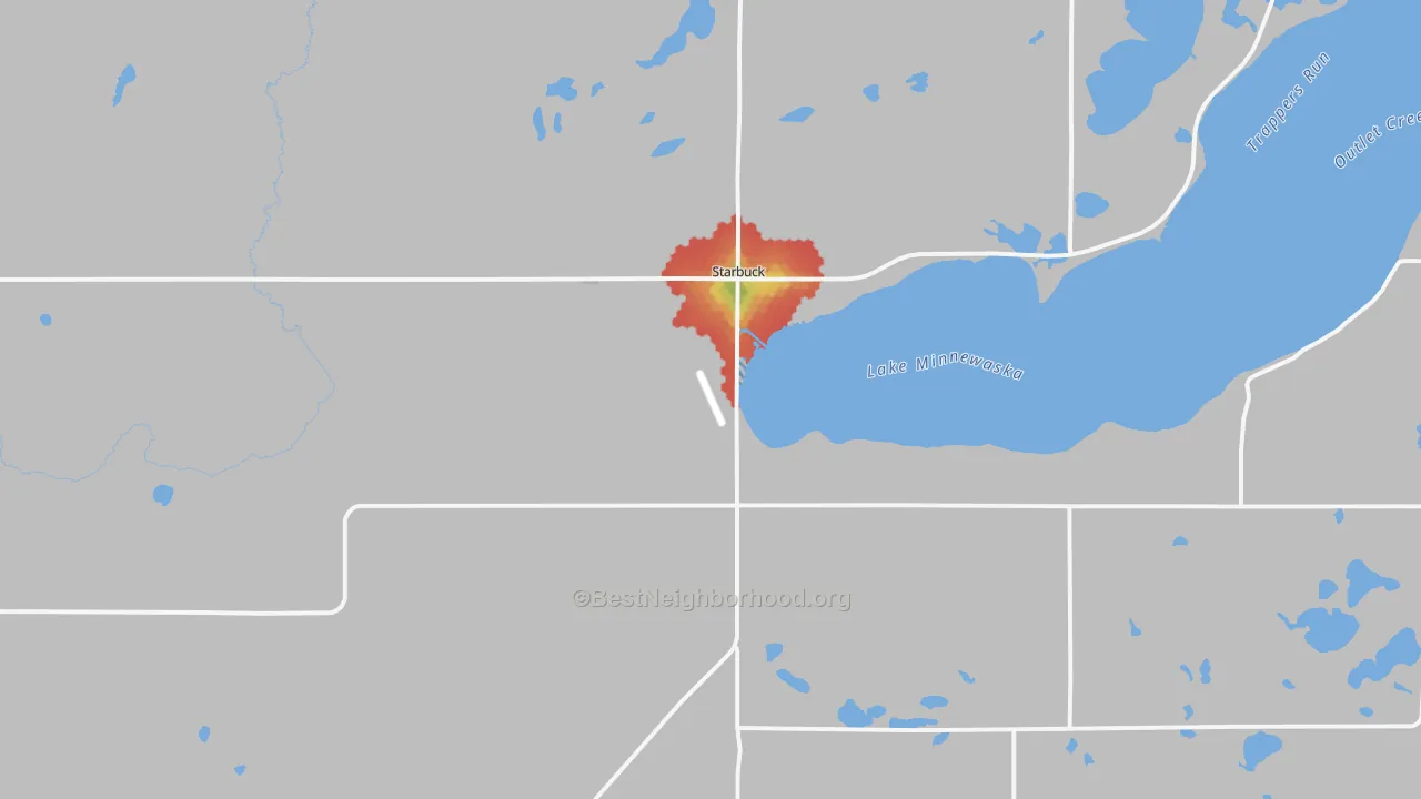 Walk Grade map of Starbuck, MN, walkable areas in green and car-dependent areas in red