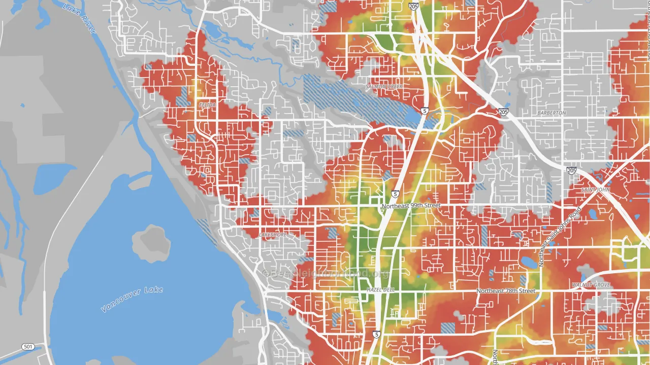 Walk Grade map of Starcrest, Salmon Creek, WA, walkable areas in green and car-dependent areas in red