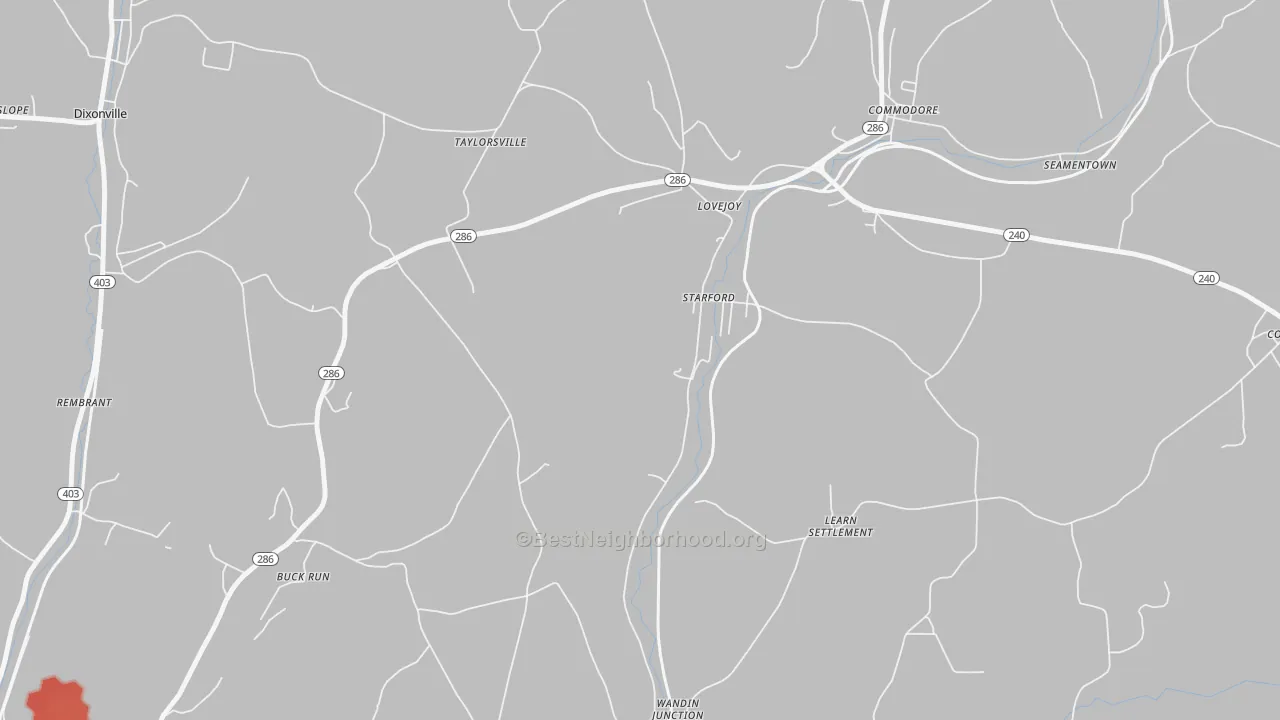 Walk Grade map of Starford, PA, walkable areas in green and car-dependent areas in red