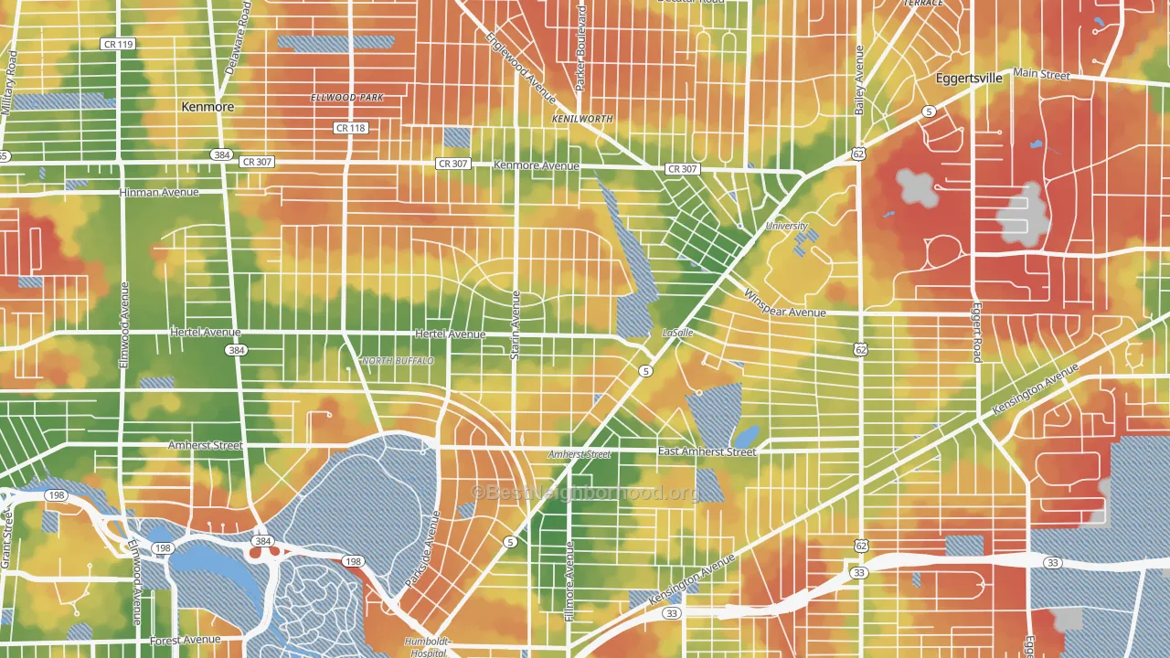 Walk Grade map of Starin Central, Buffalo, NY, walkable areas in green and car-dependent areas in red