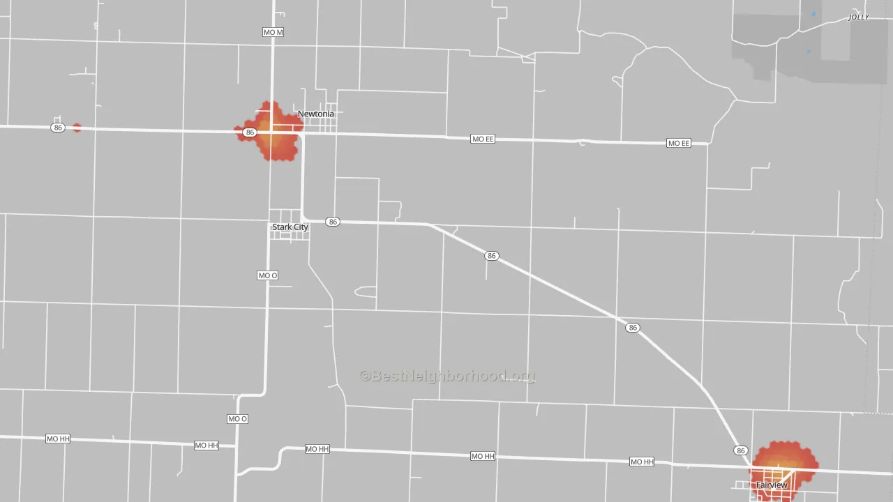 Walk Grade map of Stark City, MO, walkable areas in green and car-dependent areas in red
