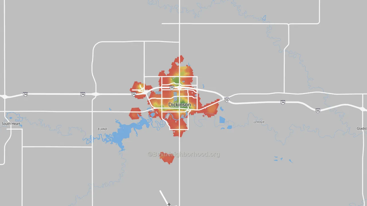 Walk Grade map of Stark County, ND, walkable areas in green and car-dependent areas in red