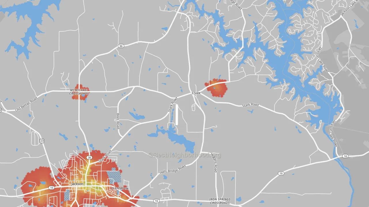 Walk Grade map of Stark, GA, walkable areas in green and car-dependent areas in red