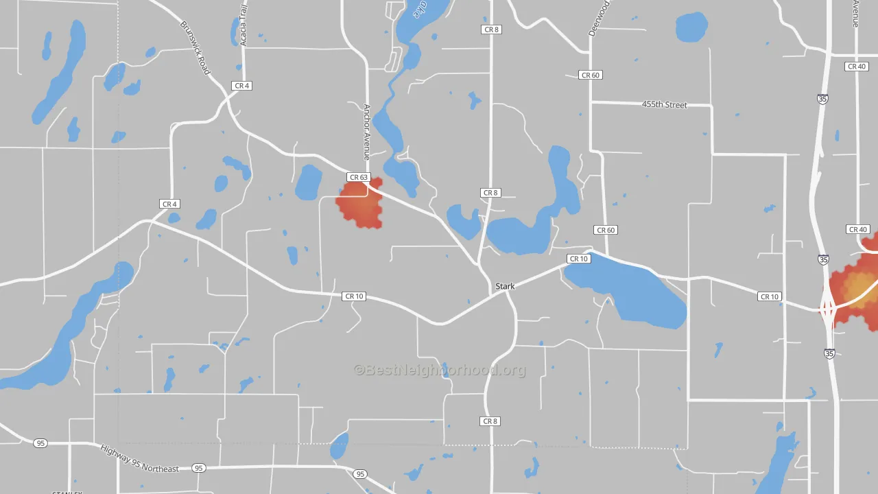 Walk Grade map of Stark, MN, walkable areas in green and car-dependent areas in red