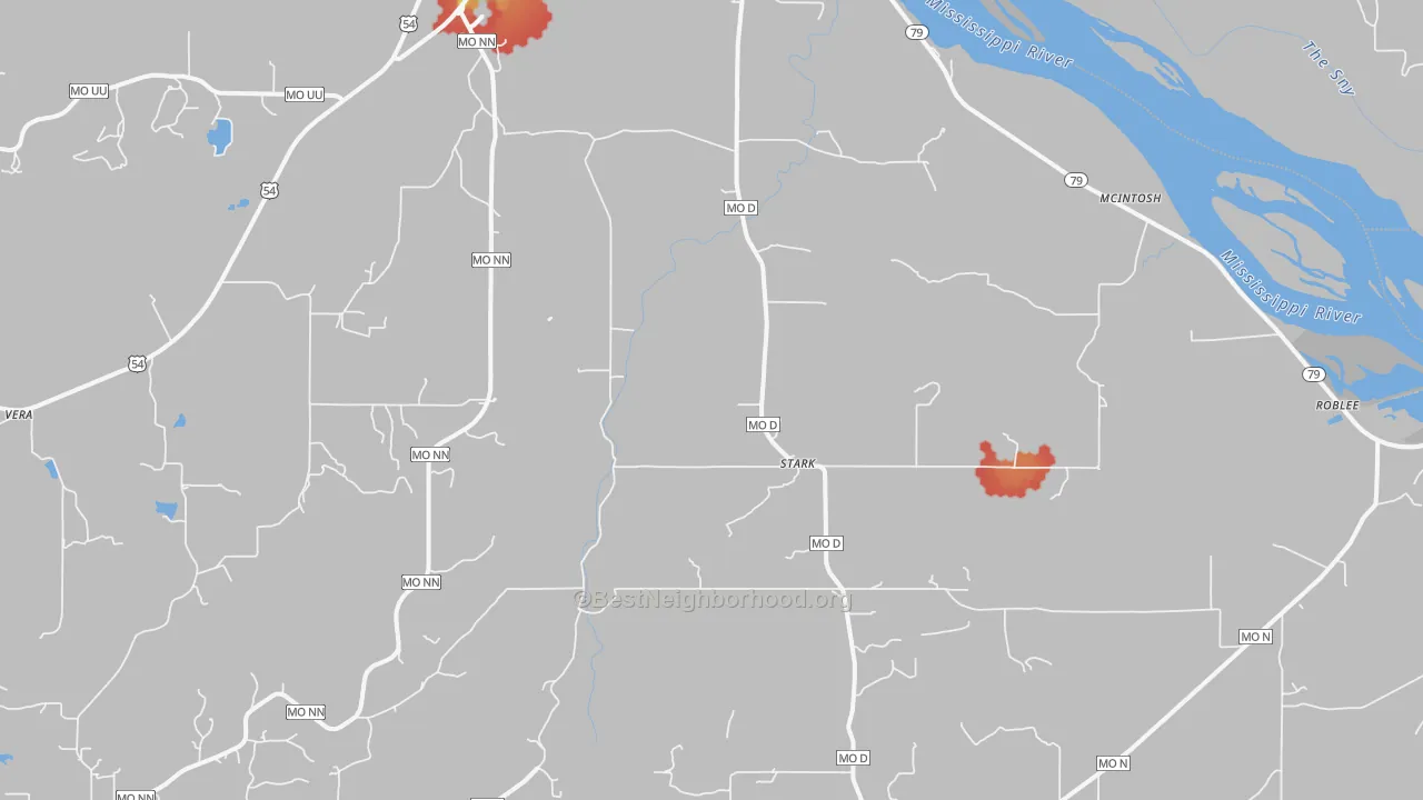 Walk Grade map of Stark, MO, walkable areas in green and car-dependent areas in red
