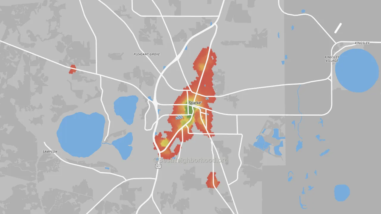 Walk Grade map of Starke, FL, walkable areas in green and car-dependent areas in red