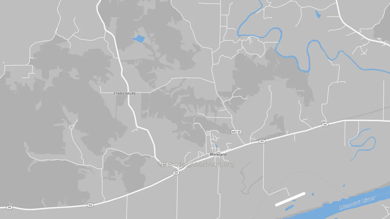 Walk Grade map of Starkenburg, MO, walkable areas in green and car-dependent areas in red