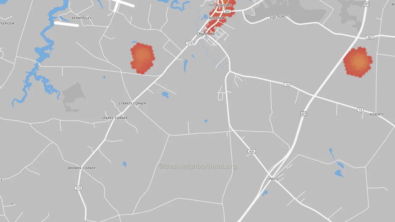Walk Grade map of Starkey Corner, MD, walkable areas in green and car-dependent areas in red