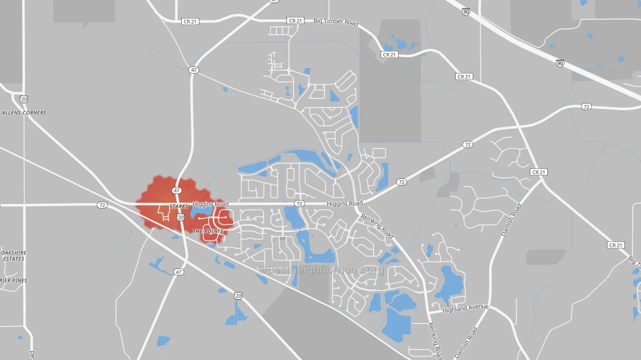Walk Grade map of Starks, IL, walkable areas in green and car-dependent areas in red
