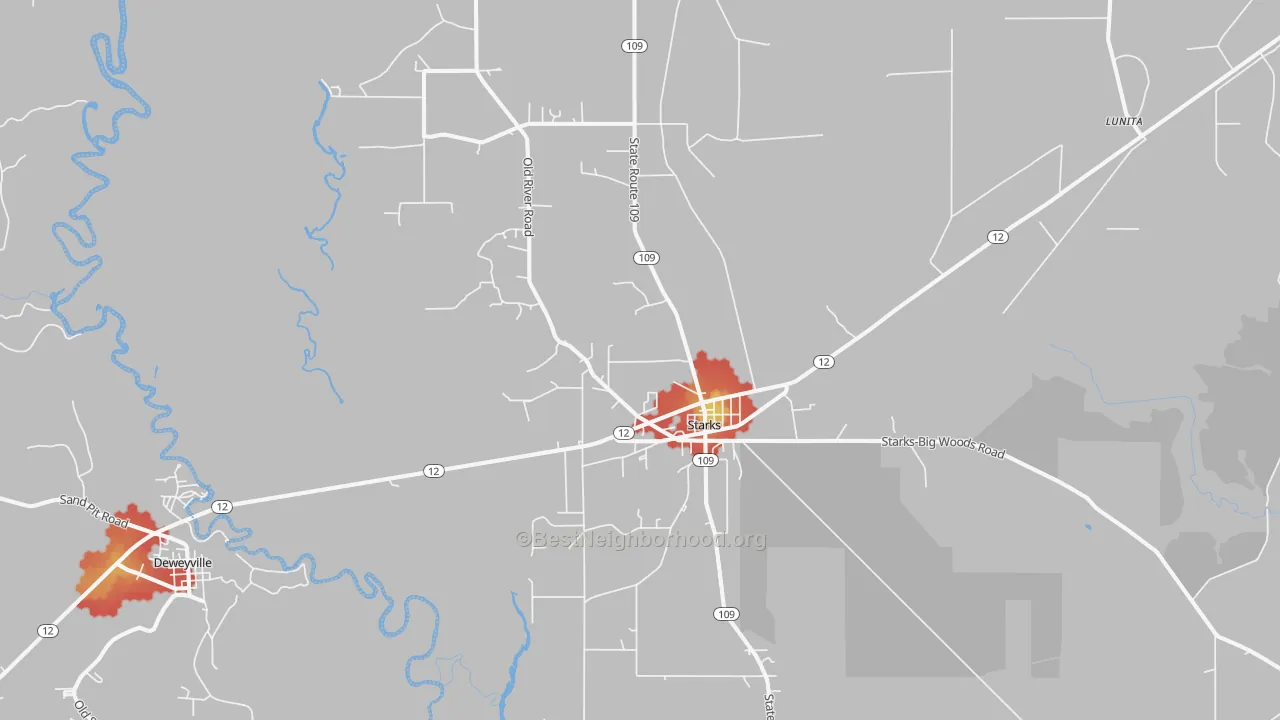 Walk Grade map of Starks, LA, walkable areas in green and car-dependent areas in red