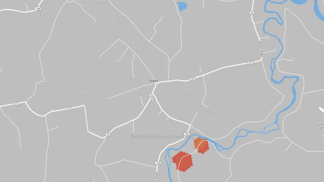 Walk Grade map of Starks, ME, walkable areas in green and car-dependent areas in red