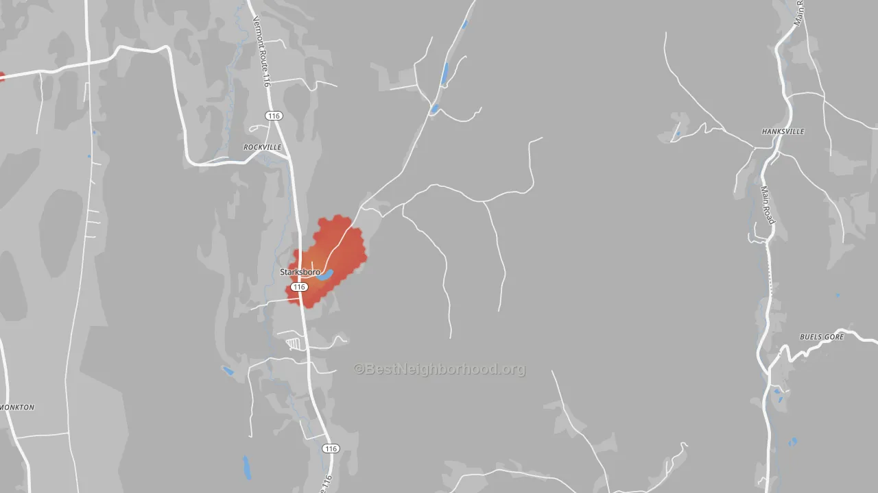 Walk Grade map of Starksboro, VT, walkable areas in green and car-dependent areas in red