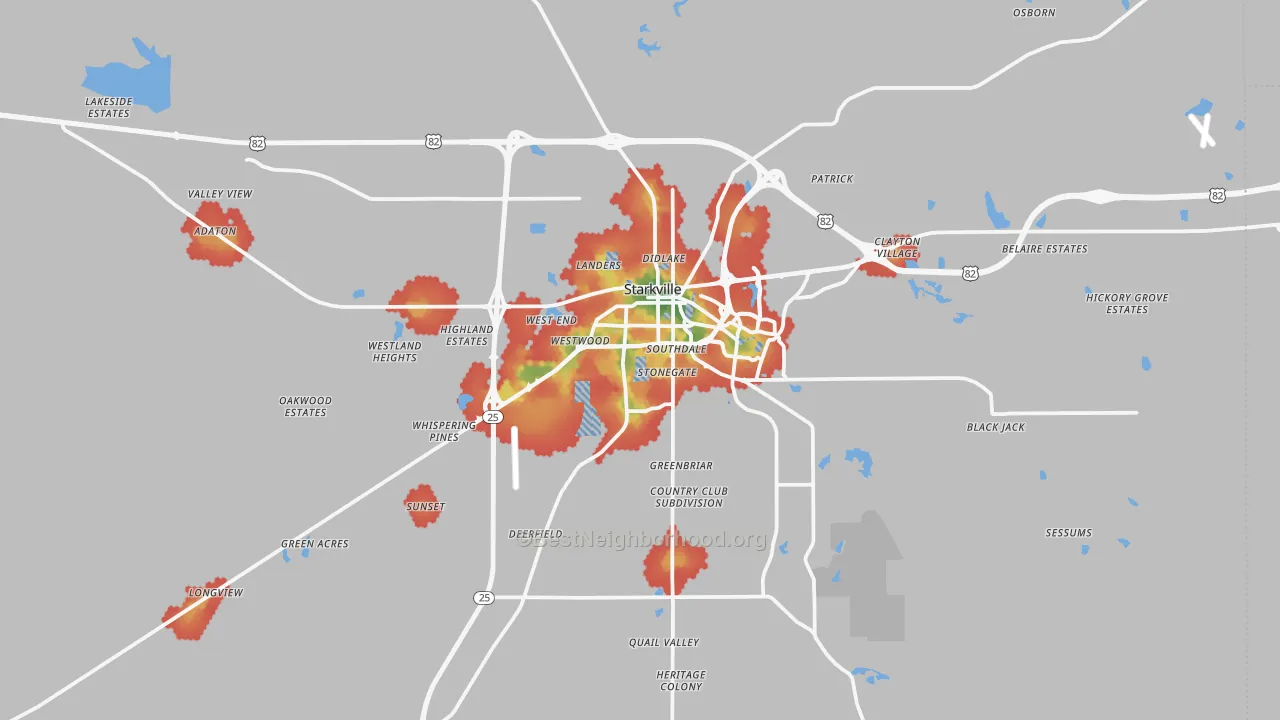 Walk Grade map of Starkville, MS, walkable areas in green and car-dependent areas in red