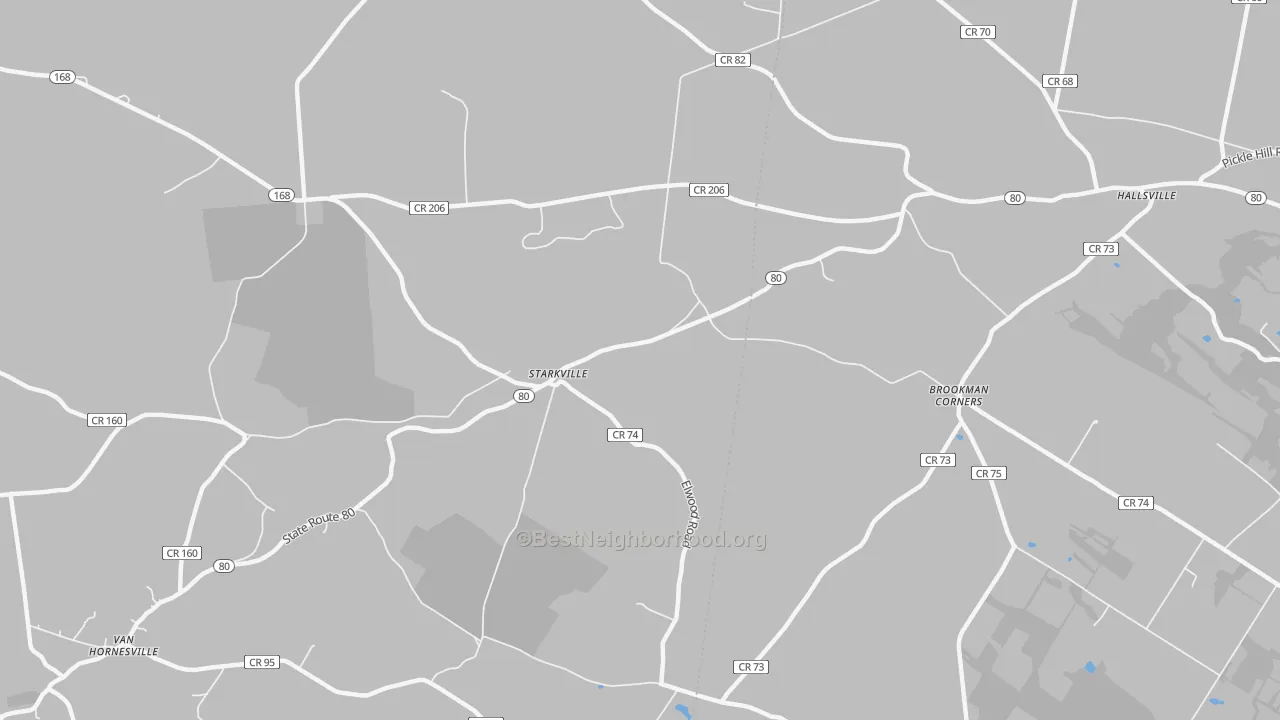 Walk Grade map of Starkville, NY, walkable areas in green and car-dependent areas in red
