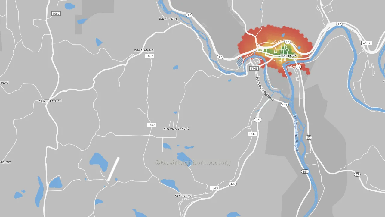 Walk Grade map of Starlight, PA, walkable areas in green and car-dependent areas in red