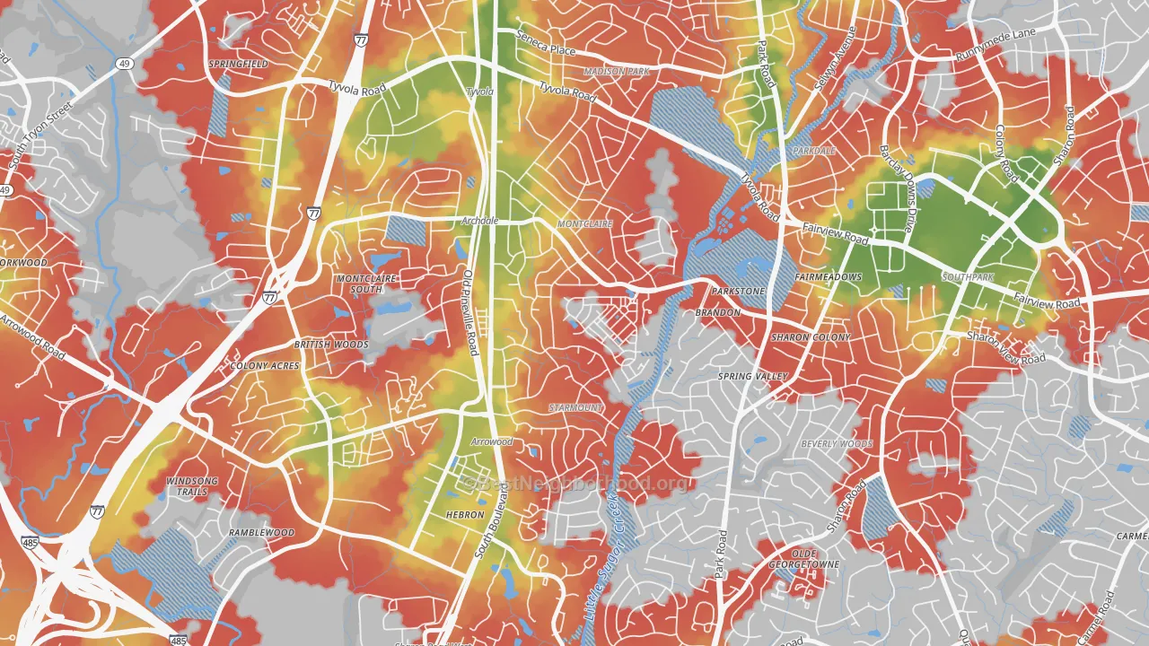 Walk Grade map of Starmount, Charlotte, NC, walkable areas in green and car-dependent areas in red