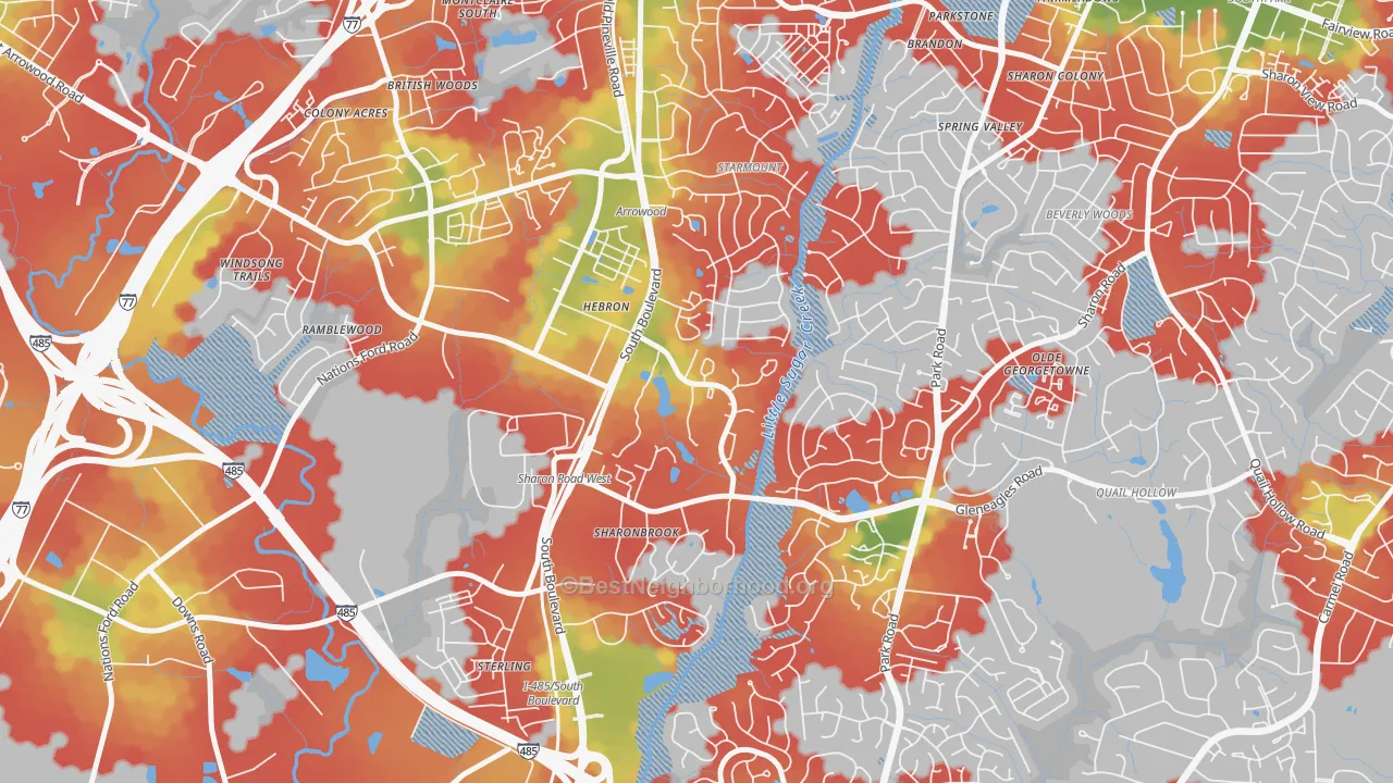 Walk Grade map of Starmount Forest-Charlotte, Charlotte, NC, walkable areas in green and car-dependent areas in red