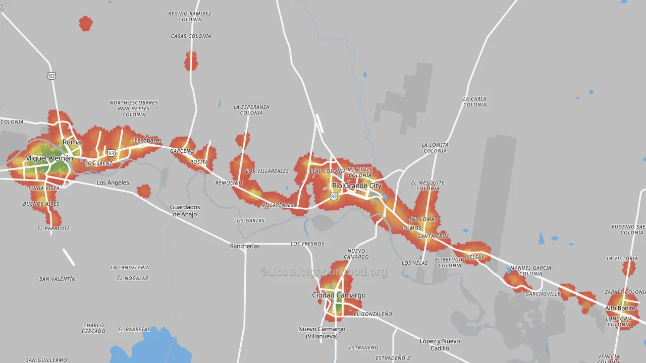 Walk Grade map of Starr County, TX, walkable areas in green and car-dependent areas in red