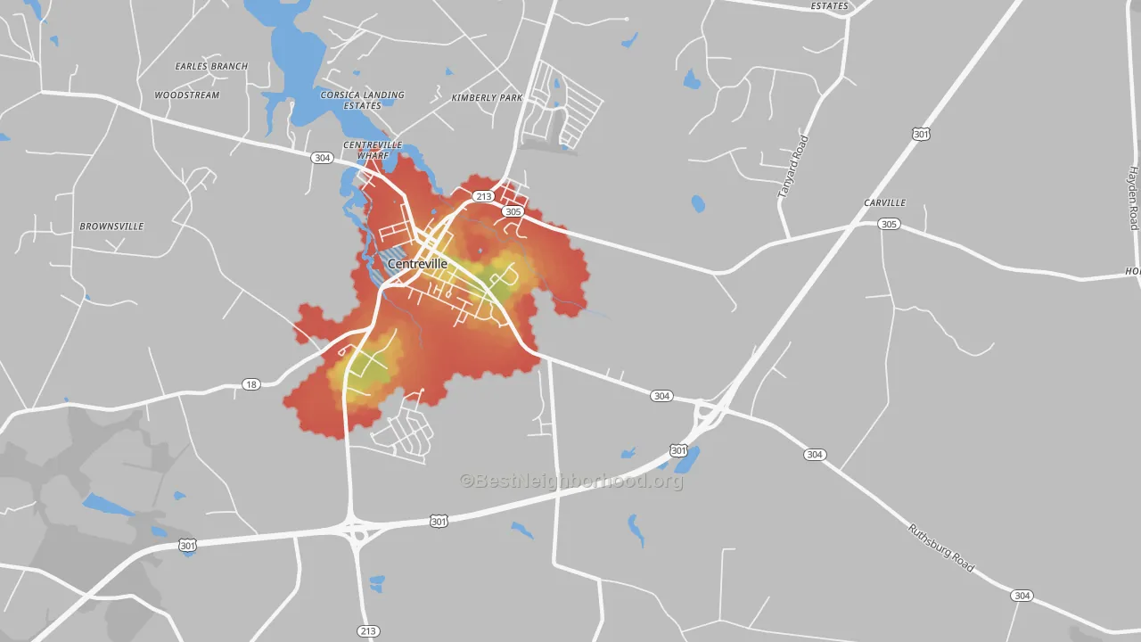 Walk Grade map of Starr, MD, walkable areas in green and car-dependent areas in red