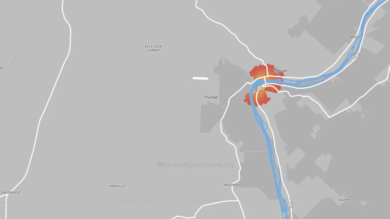 Walk Grade map of Starr, PA, walkable areas in green and car-dependent areas in red