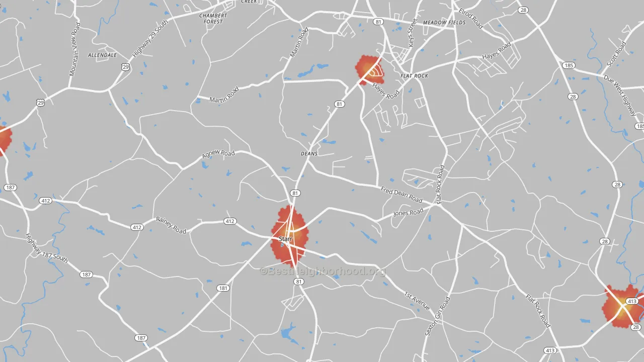 Walk Grade map of Starr, SC, walkable areas in green and car-dependent areas in red