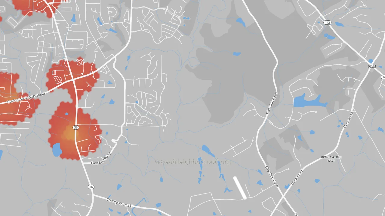 Walk Grade map of Starrsville, GA, walkable areas in green and car-dependent areas in red