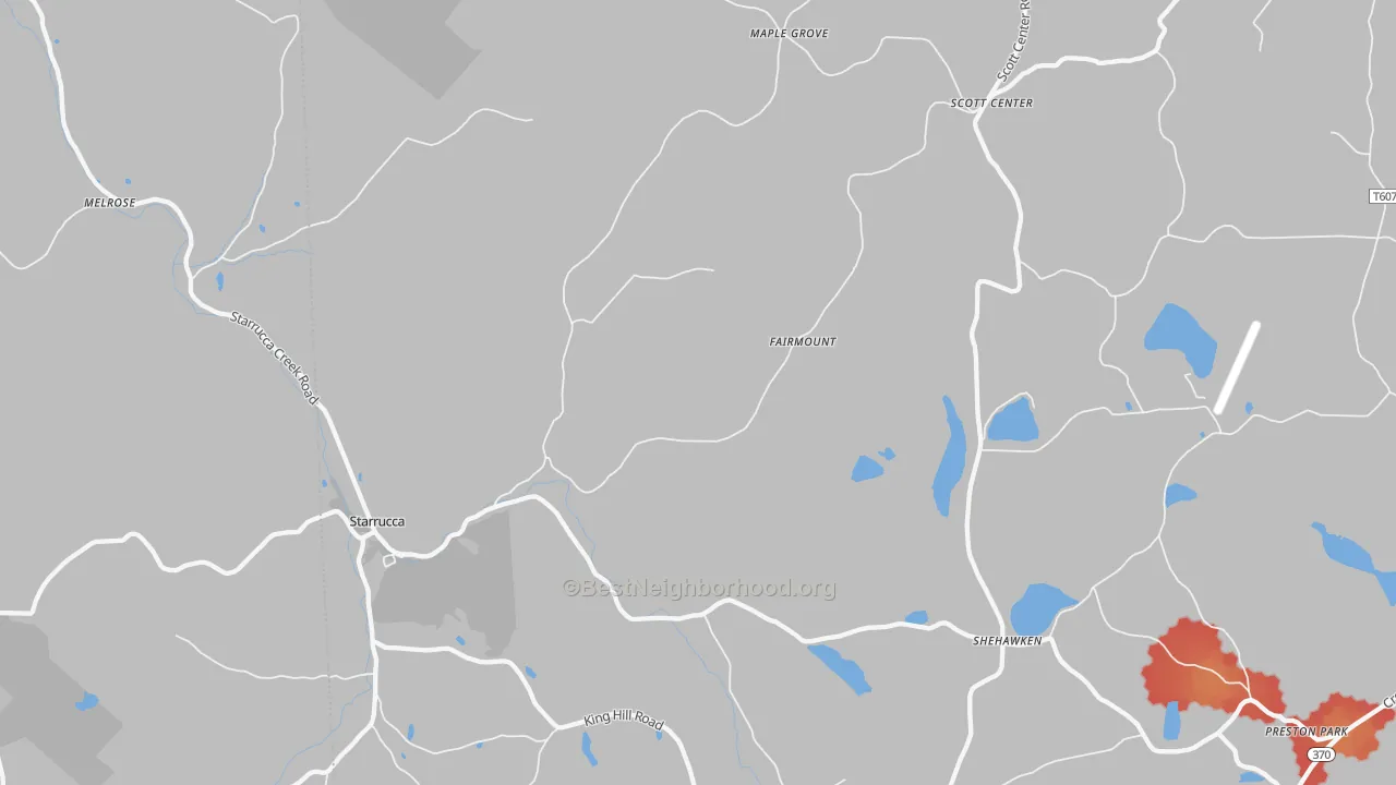 Walk Grade map of Starrucca, PA, walkable areas in green and car-dependent areas in red