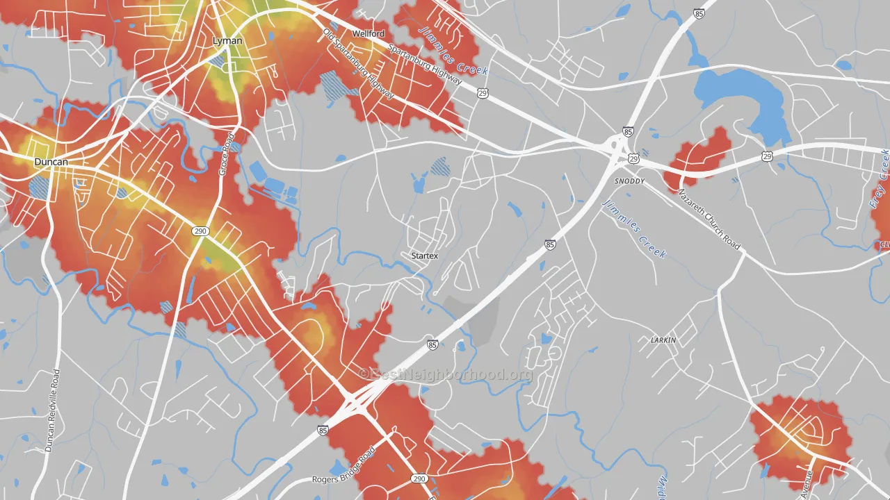 Walk Grade map of Startex, SC, walkable areas in green and car-dependent areas in red