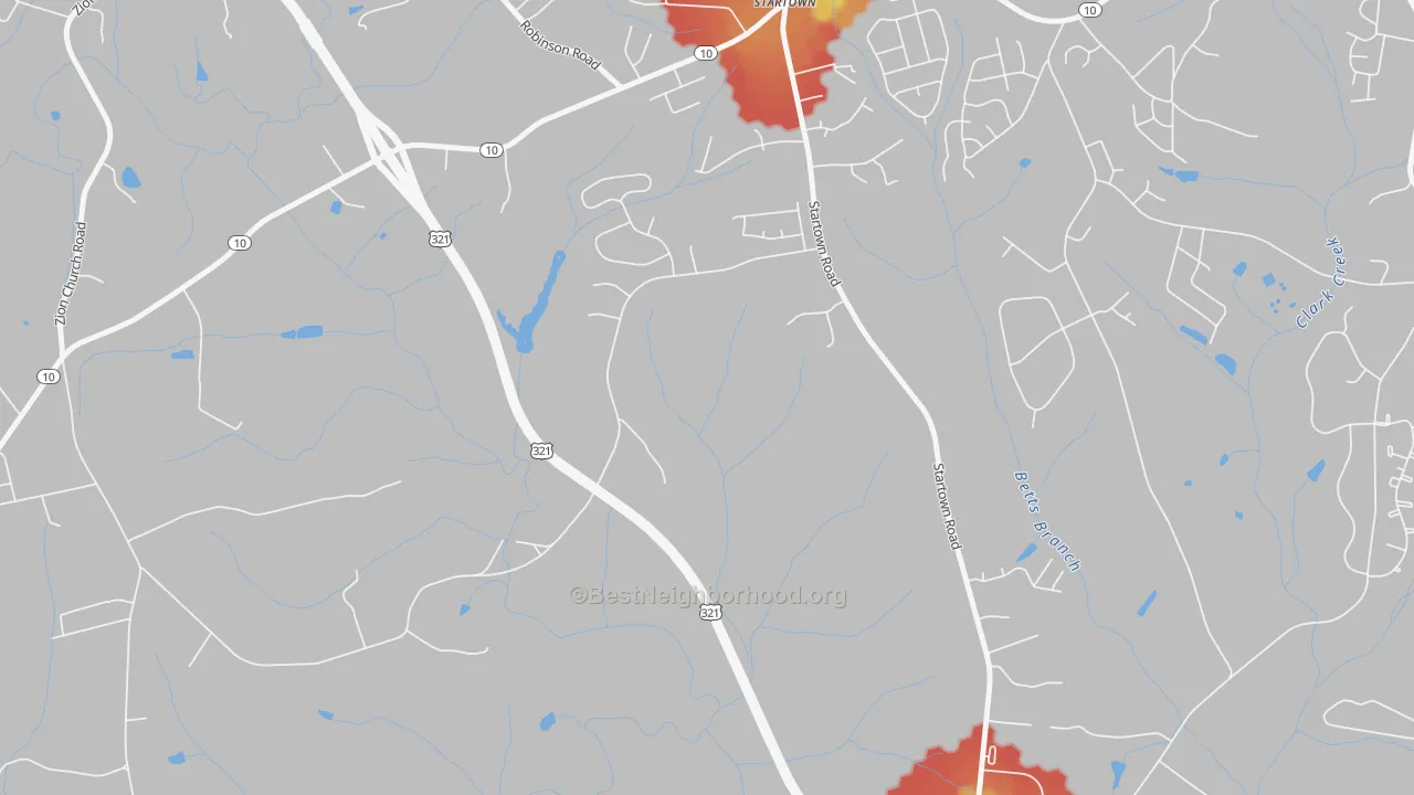 Walk Grade map of Startown, NC, walkable areas in green and car-dependent areas in red