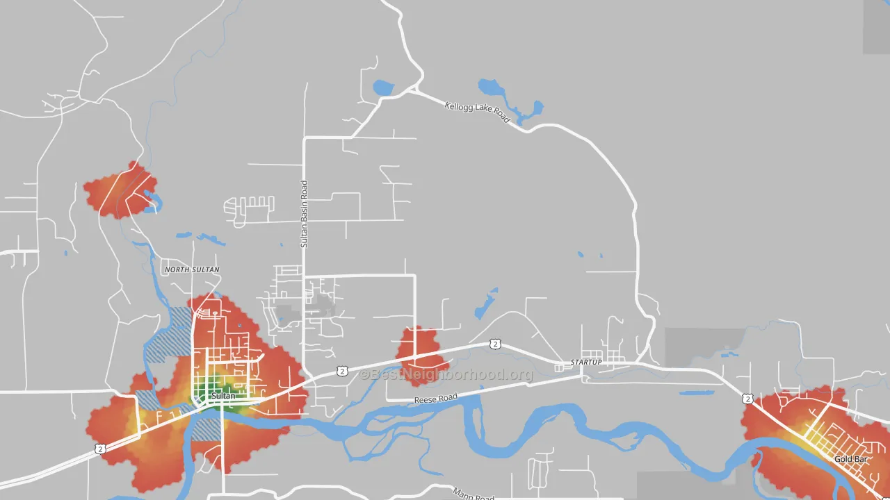 Walk Grade map of Startup, WA, walkable areas in green and car-dependent areas in red