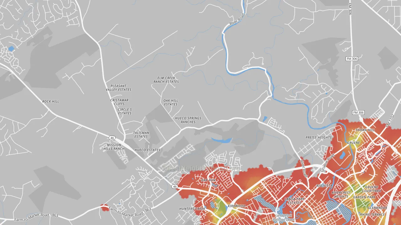 Walk Grade map of Startzville, TX, walkable areas in green and car-dependent areas in red