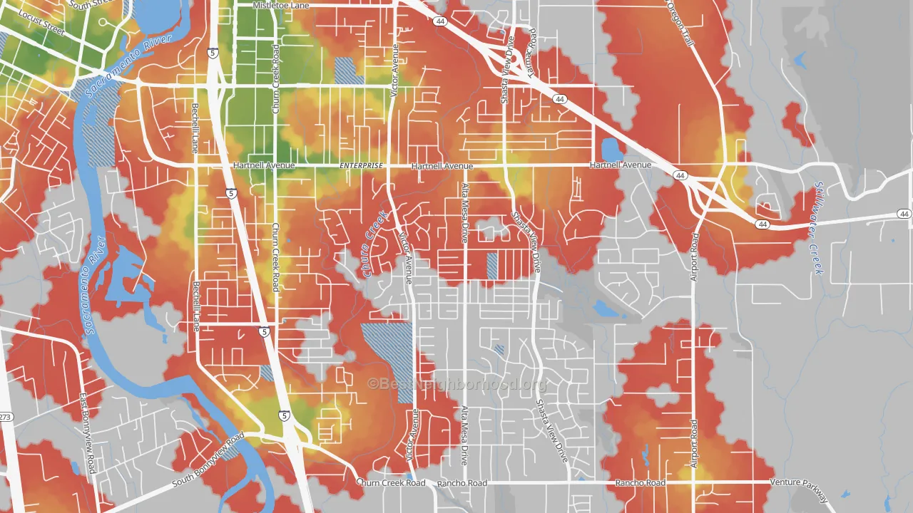 Walk Grade map of Starview, Redding, CA, walkable areas in green and car-dependent areas in red