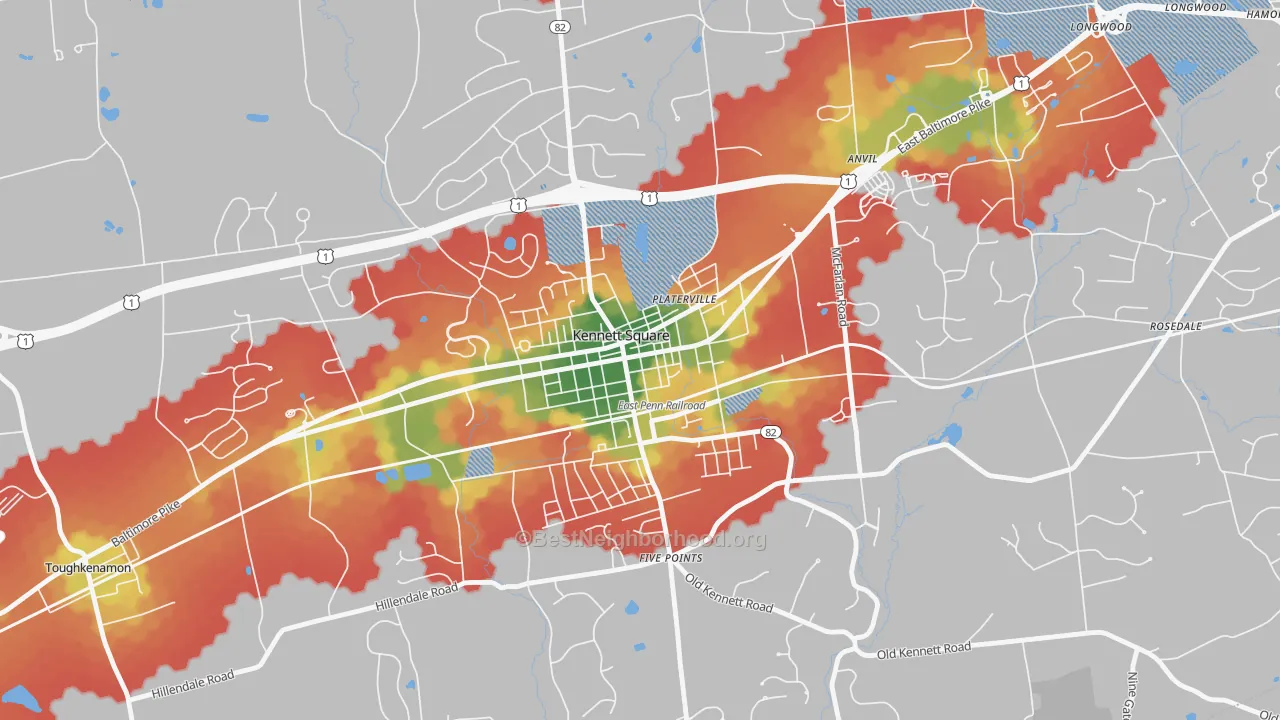 Walk Grade map of State and Cypress, Kennett Square, PA, walkable areas in green and car-dependent areas in red
