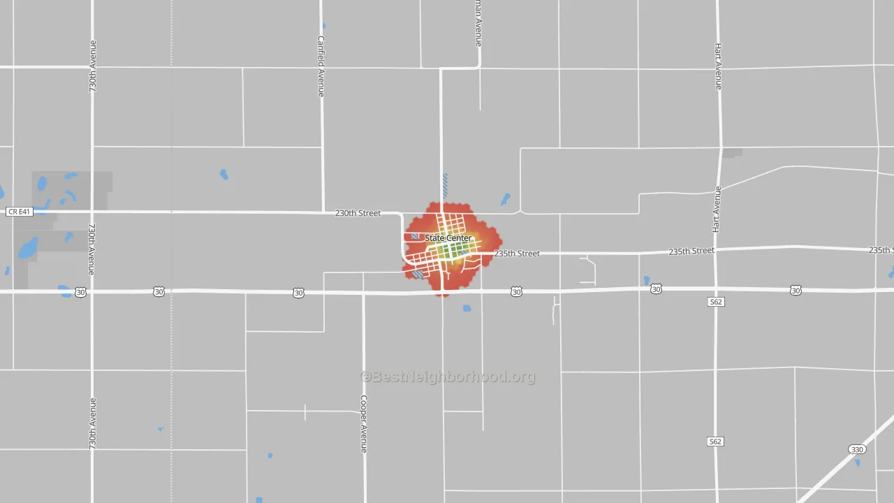 Walk Grade map of State Center, IA, walkable areas in green and car-dependent areas in red