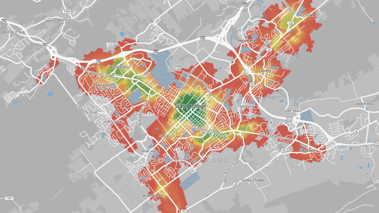 Walk Grade map of State College, PA, walkable areas in green and car-dependent areas in red