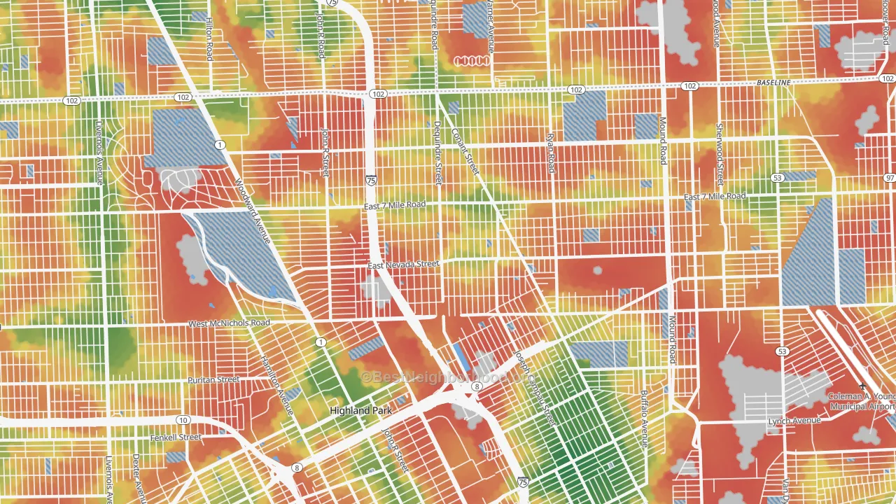 Walk Grade map of State Fair-Nolan, Highland Park, MI, walkable areas in green and car-dependent areas in red