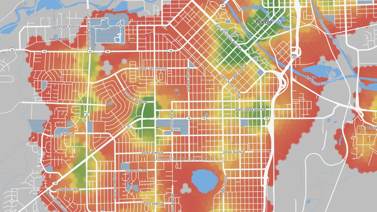 Walk Grade map of State Fair, Pueblo, CO, walkable areas in green and car-dependent areas in red
