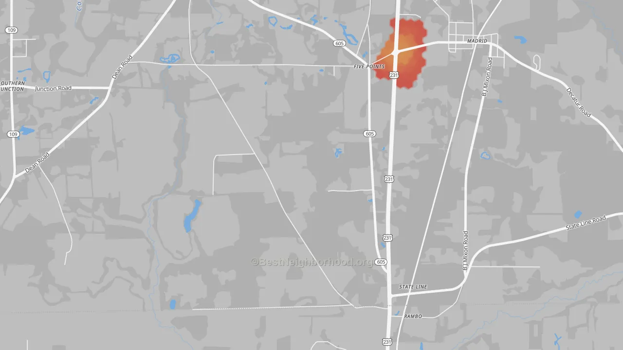 Walk Grade map of State Line, AL, walkable areas in green and car-dependent areas in red