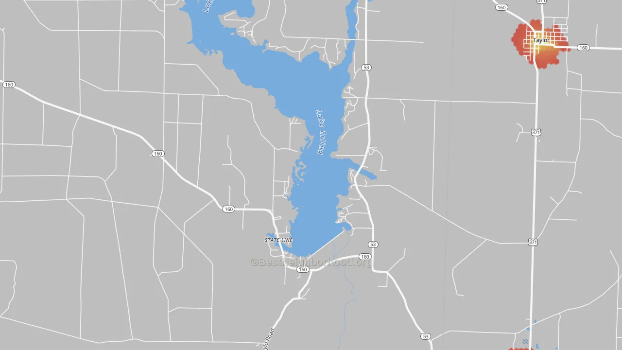 Walk Grade map of State Line, AR, walkable areas in green and car-dependent areas in red